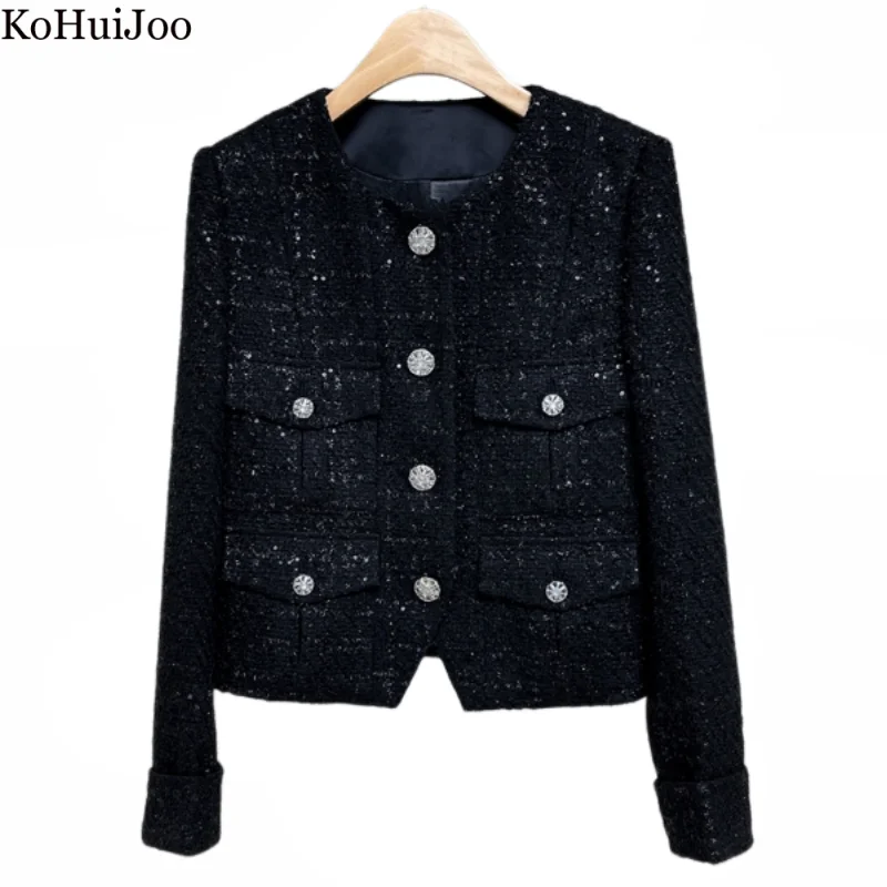 Kohuijoo 2022 Autumn Winter Tweed Woolen Coat Women Fomal Slim Short design Temperament Celebrity Coat Woman Tweed Jacket