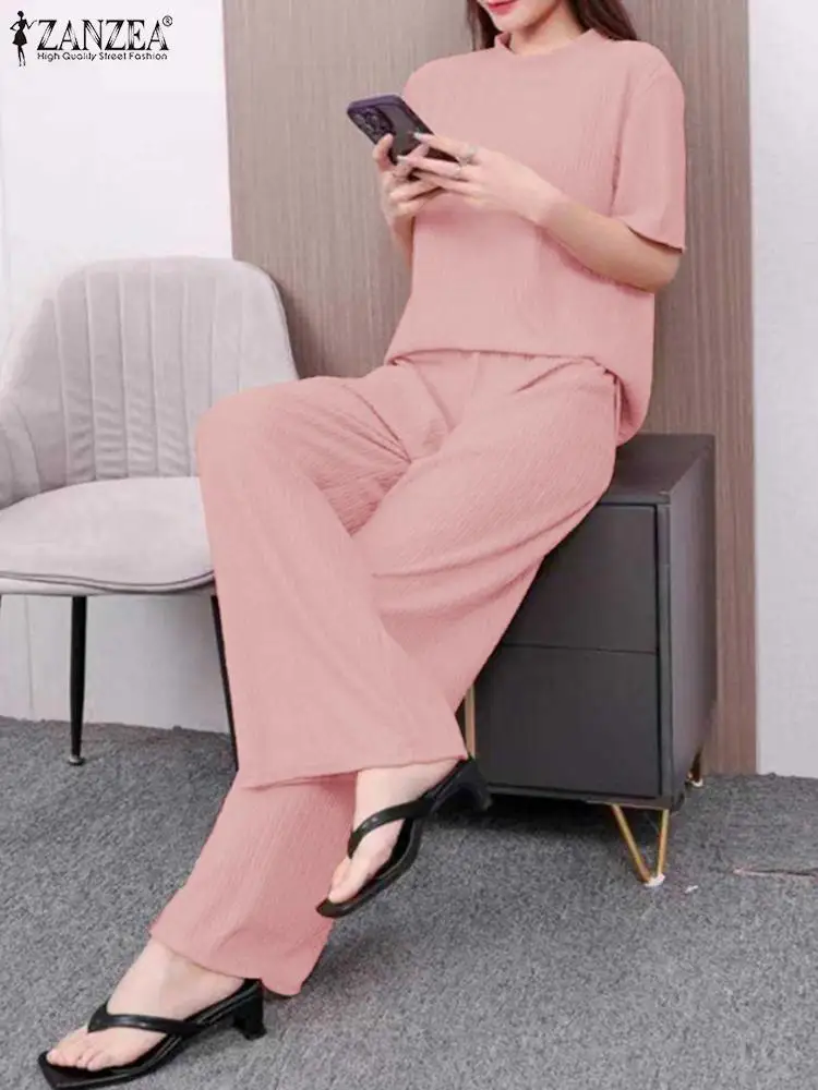 

ZANZEA Casual Short Sleeve Tops 2PCS Outfits Solid Elegant Tracksuit Straight Trouser Holiday Suits Textured Fashion Pant Sets