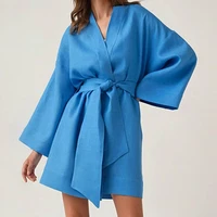 women 2022 mini dress v neck long sleeves cotton elegant casual wrap dress female clothing