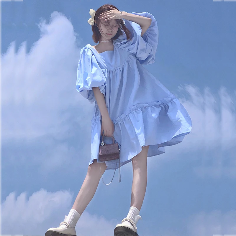 

Kawaii Dress Women Lantern Sleeve Lolita Loose Vintage y2k Japanese Preppy Style Girls Elegant Sweet New Mini Dress Summer 2022