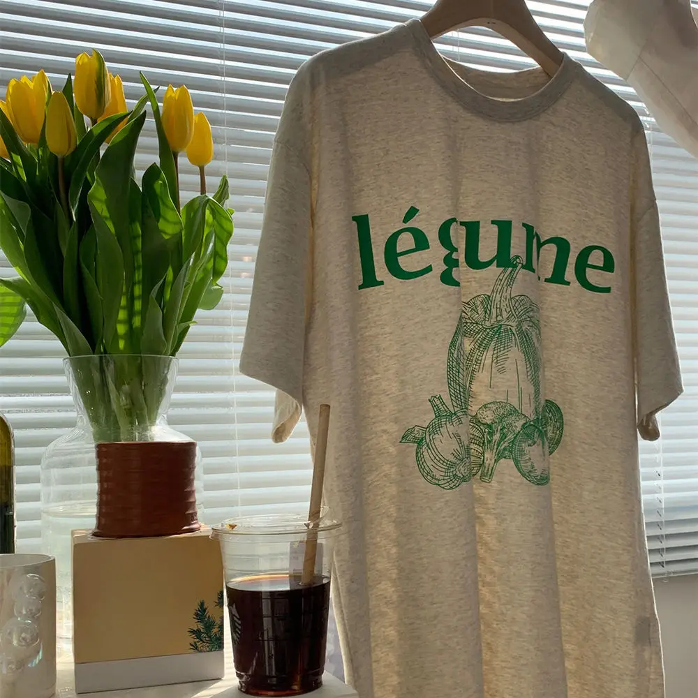 

100% Cotton T Shirt Ins Green Pumpkin Alphabet Print Short Sleeve 2022 Summer New Korean Loose Women Top Graphic T Shirts