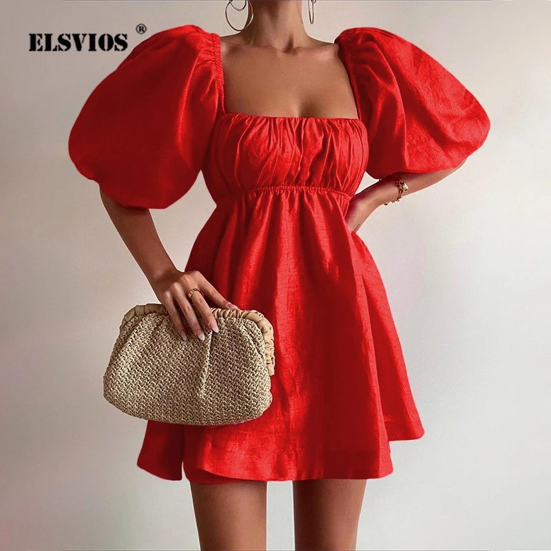 

Lady Fashion High Street Dress Summer New Casual Solid Color Puff Sleeves Party Dresses Elegant Square Collar Vestidos For Women