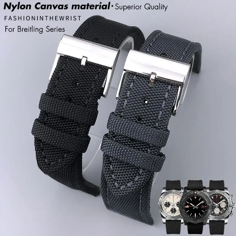 

22mm Top Quality Nylon Watch Band Watchband Black Gray For Breitling Strap for NAVITIMER WORLD Avenger/Navitimer Belt