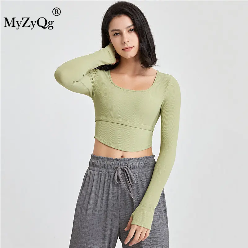 

MyZyQg Ribbed Long Sleeves Yoga T-shirts Clothes with Chest Pads Fitness Cropped Tops Running Outer Wear Bra Sports Underwear