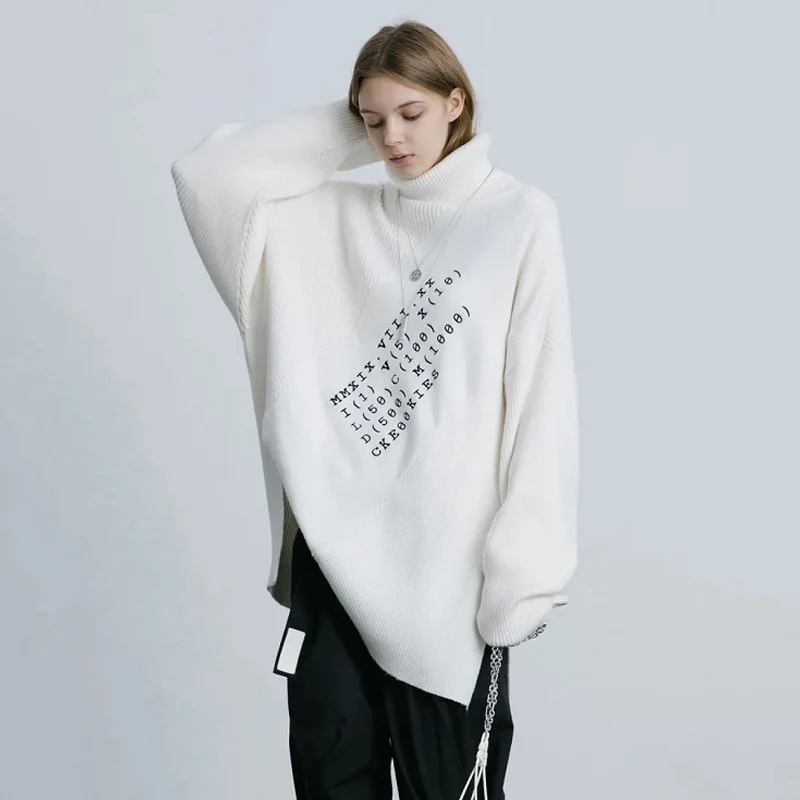 

Winter Streetwear Formula Embroidery Women Loose Sweater Y2K Long Sleeve Turtleneck Irregular Knit Ladies Pullovers Tops