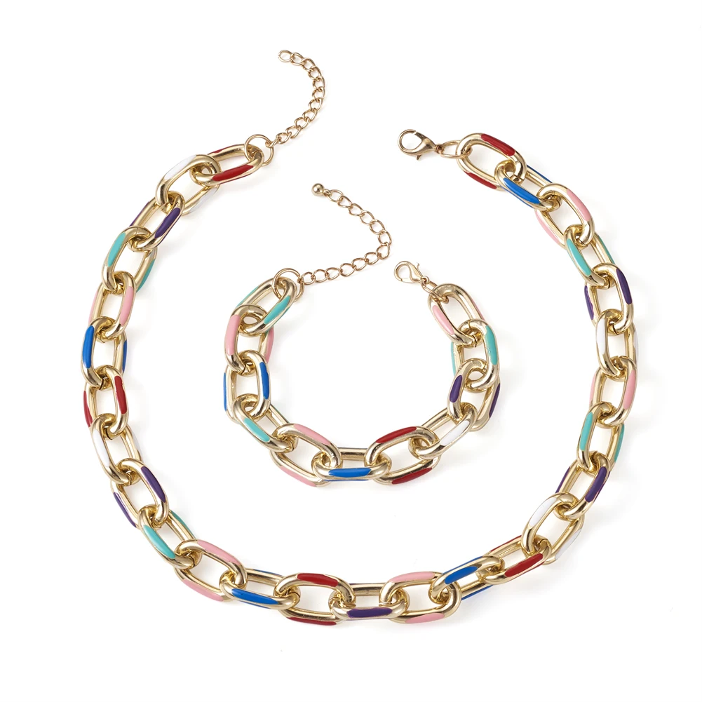 

190~420mm Golden Plated Aluminum Enamel Cable Chain Colorful Necklace & Bracelets Set For Woman Findings Jewelry Making Supplies