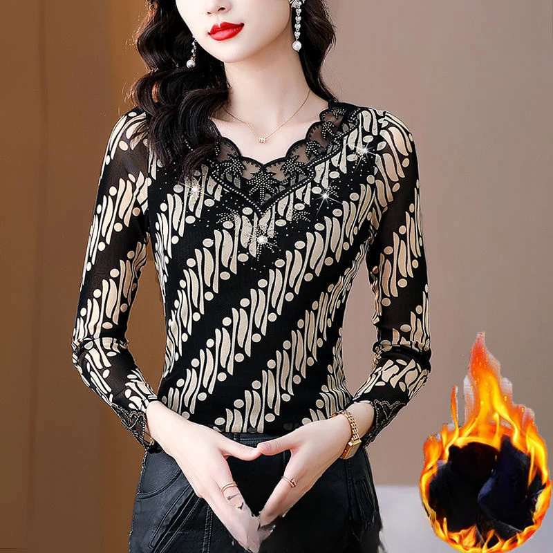 

New 2023 Autumn Winter Women Long Sleeve Mesh Tops Female Print Casual Bottoming Shirt Ladies Lace V-neck Slim Blouses G520