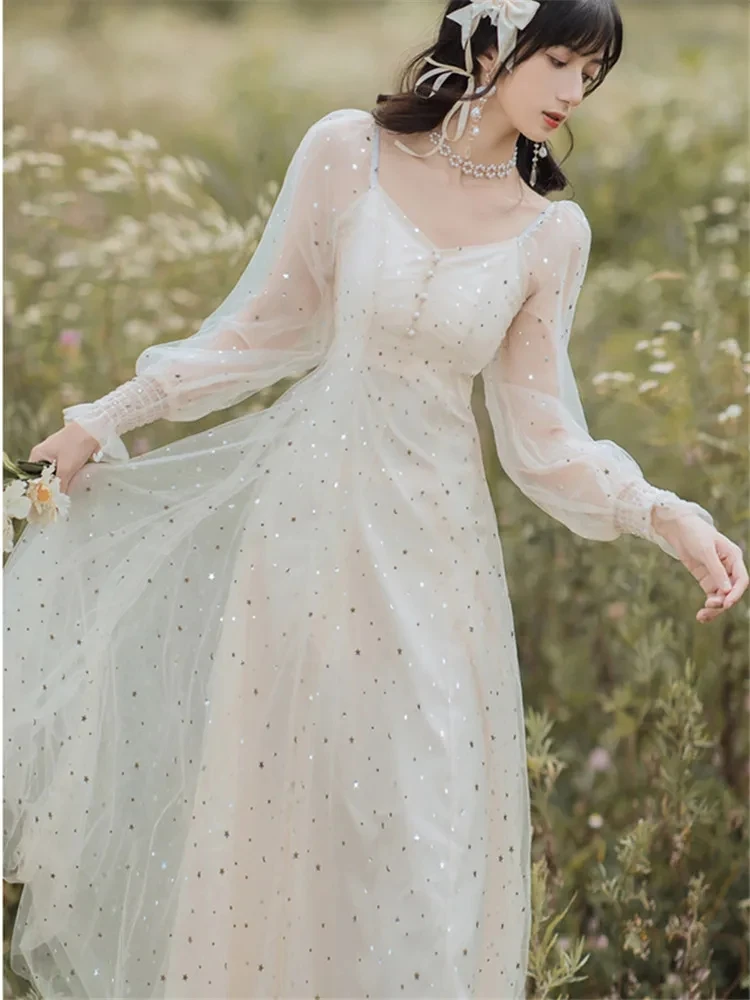 

Платье женское однотонное с блестками, сетчатая трапециевидная юбка абрикосового цвета с V-образным вырезом и длинными рукавами, A010, весна-лето