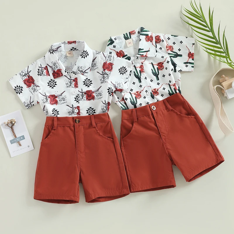 

2022-12-07 Lioraitiin 1-6Years Toddler Boys 2Pcs Summer Outfit Sets Short Sleeve Cattle Head/Cactus Print Shirt Solid Shorts