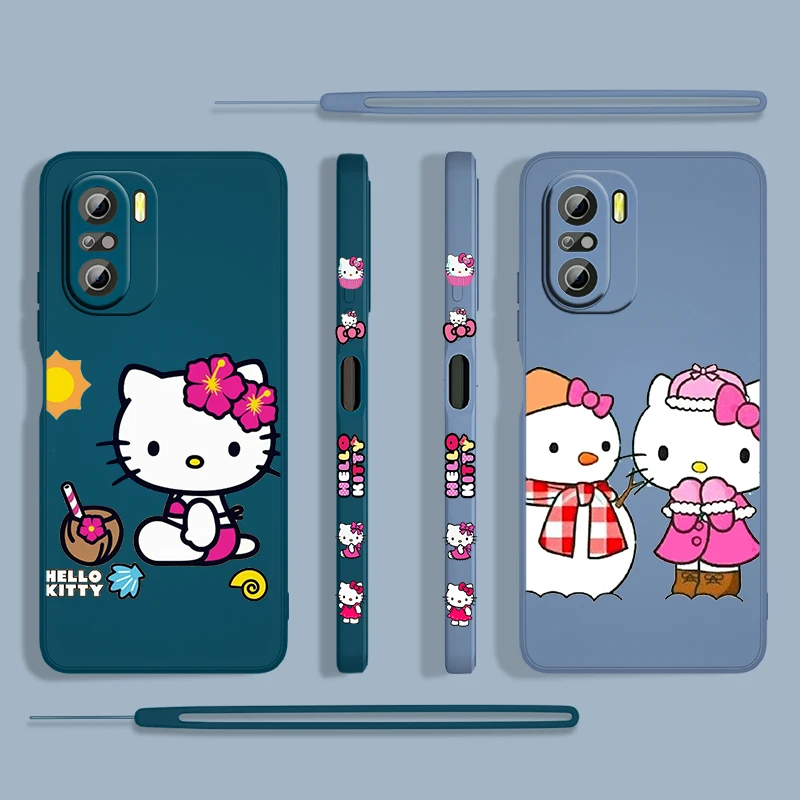 

Cartoon Cute Hello Kitty For Xiaomi Redmi K50 Gaming 10X 9 9A 9T 9AT 8 8A 7 6A 5A 4X Pro 4G 5G Liquid Left Rope Phone Case Cover
