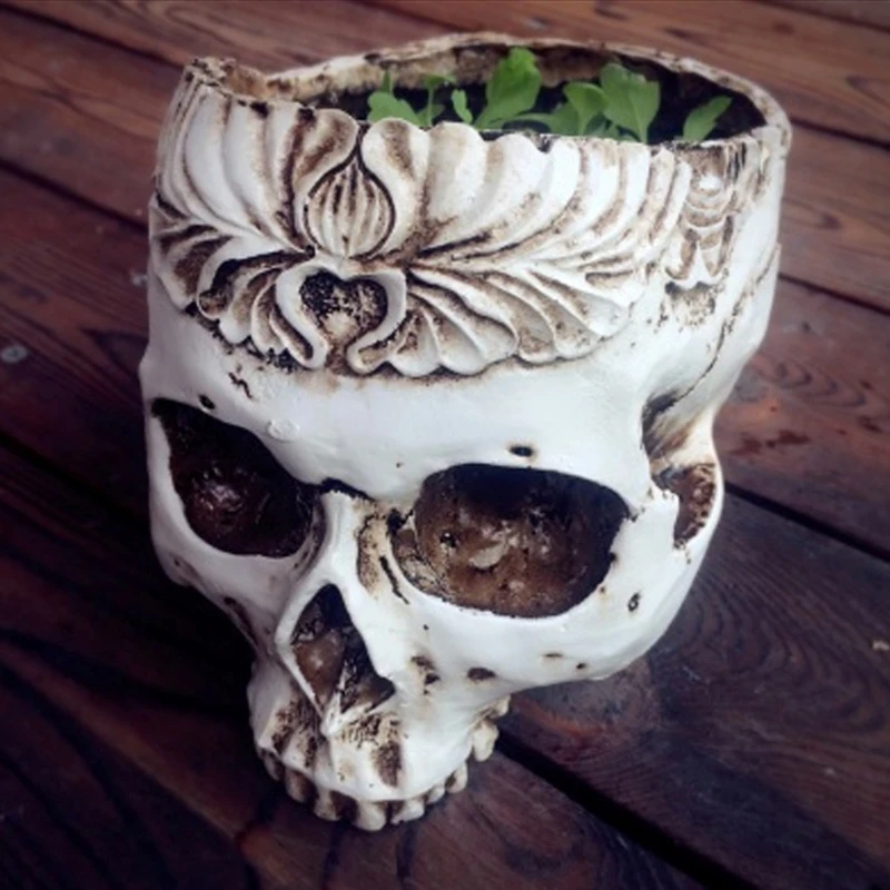 

2022 New Resin Gothic Skull Head Flower Pot Landscape Bonsai Flower Pots Planter Storage