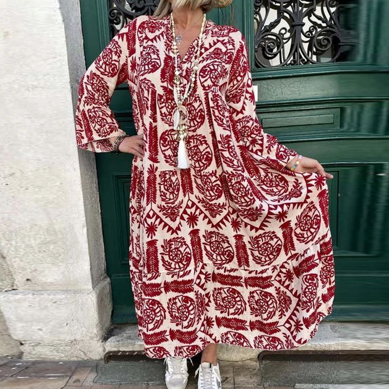 

Fashion Pattern Print V Neck Loose Dress Elegant Casual Long Sleeve Pleated Party Dress Women Autumn Holiday Bohemian Long Dress