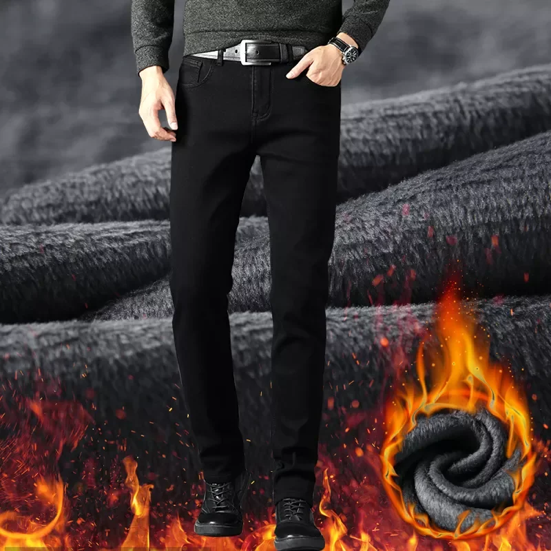 2022New Size 42 Men Warm Thick Jeans 2022 Winter New Style Business Fashion Slim Fit Stretch Black Jean Trousers Brand Pants