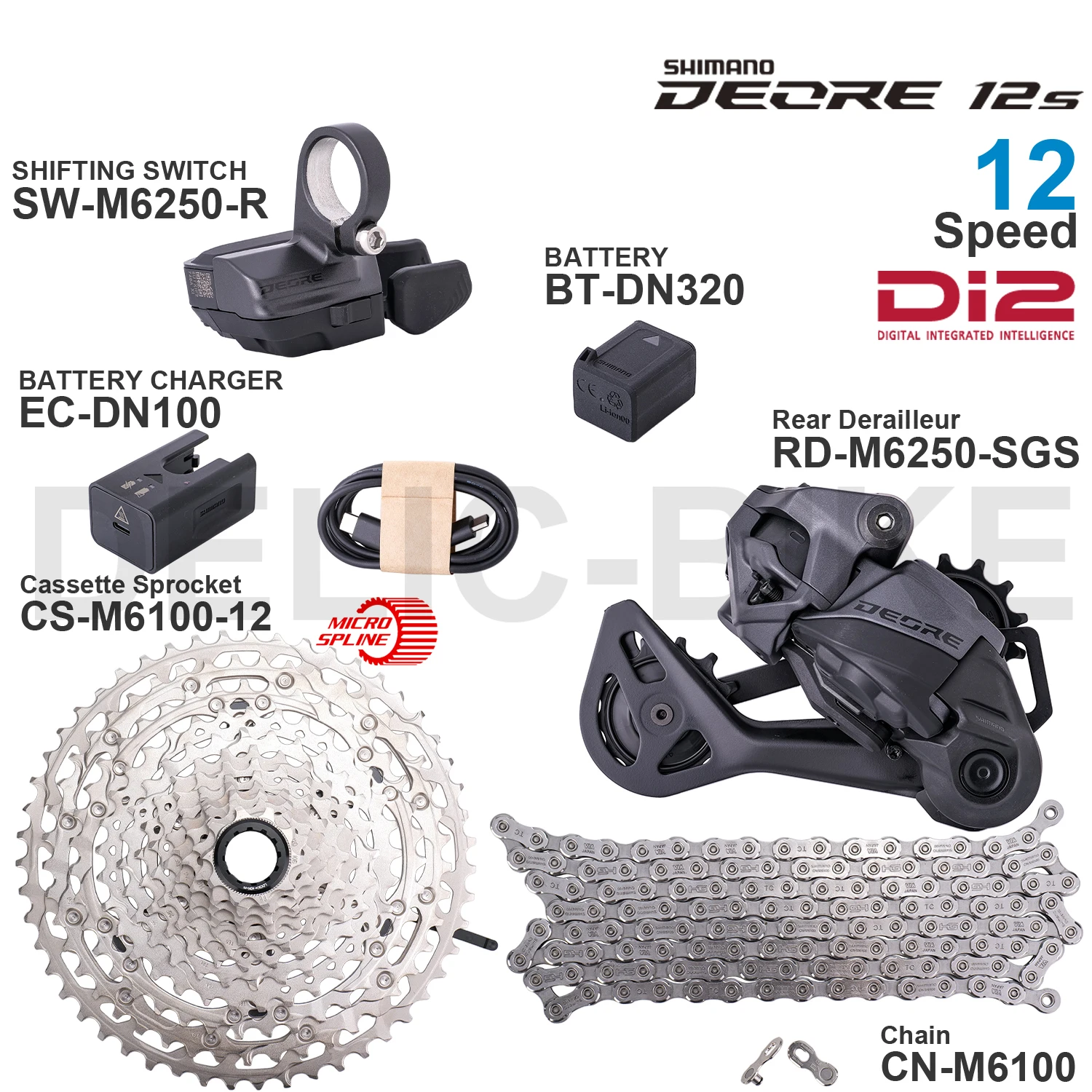 Фото Комплект оборудования Shimano Deore M6200 Di2 12-скоростной (SW-M6250-R, RD-M6250, CS-M6100, CN-M6100, EC-DN100, BT-DN320) — оригинальные запчасти №1