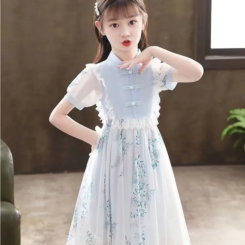 Girls Hanfu Dress Childrens Spring Dress Summer New Baby Princess Dress Retro Slim Short Sleeve Girls Dress