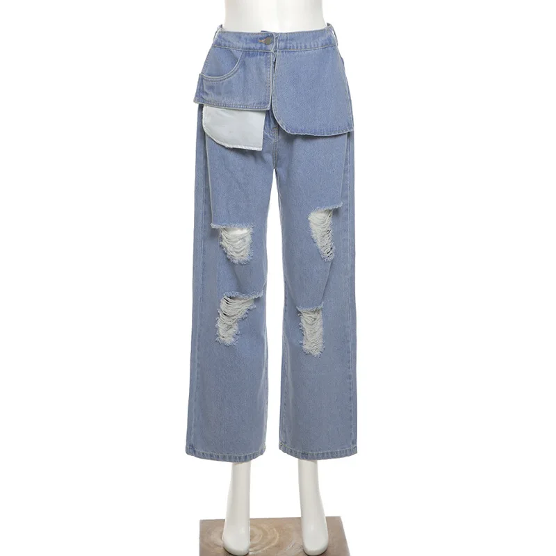 Y2K Harajuku Letter Ripped Trousers Ladies High Waist Solid Color Loose Straight Jeans Pocket Hip-hop Casual Trousers Streetwear