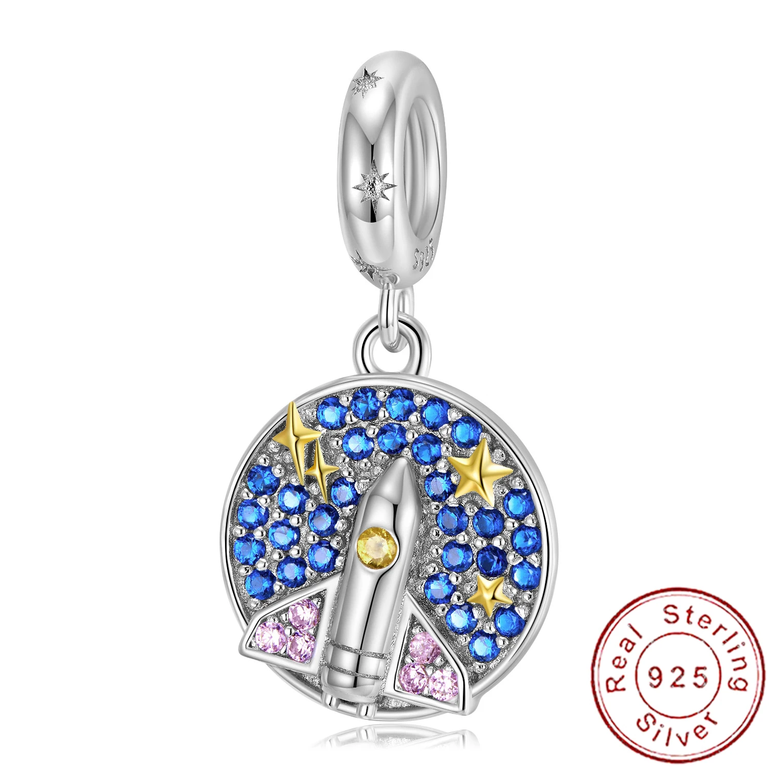 

European S925 Sterling Silver Charm Blue AAA CZ Spacecraft For Original PD Women Bracelet Necklace Chain Jewelry
