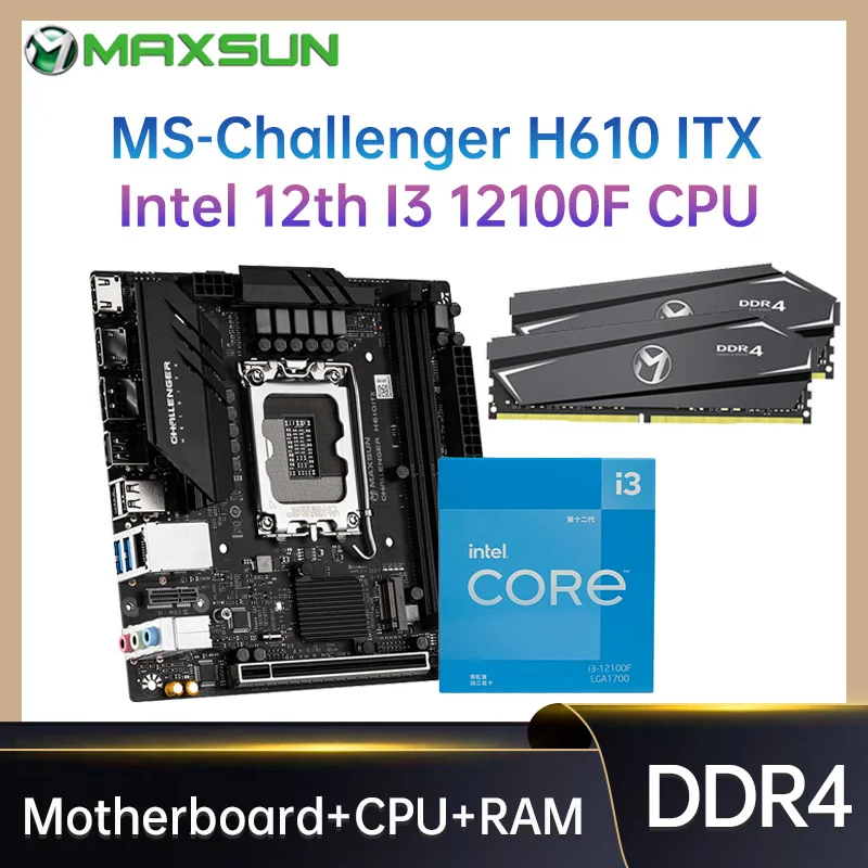 

MAXSUN Motherboard Set Challenger H610 ITX Intel i3 12100F LGA1700 [New but without cooler] RAM DDR4 8GB x2=16GB Computer Combo