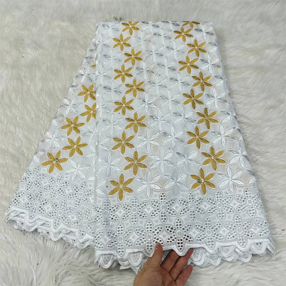

Hot Embroider Design 100% Cotton African Lace Fabric 2023 High Quality White Gold Nigerian Swiss Voile In Switzerland 5 Yards HL