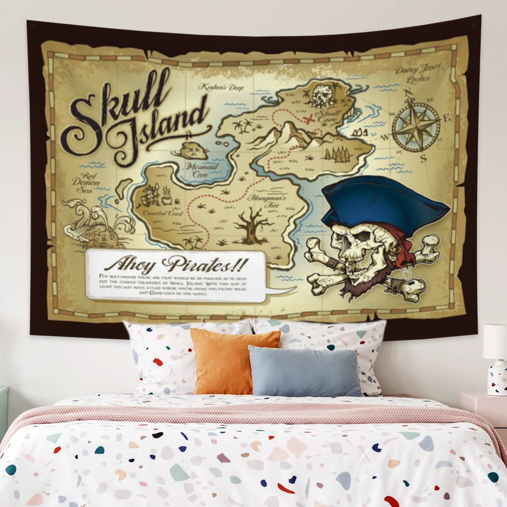 

Pirate Skull Map Boho Tapestry Fabric Hippie Bohemian Wall Hanging Backdrop Living Room Table Cover Yoga Bed Sheet Decoration