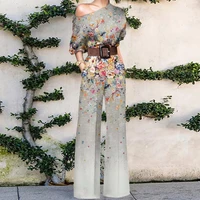 40hot half sleeves high cut wide leg lady jumpsuit vivid flower leaves print one shoulder jumpsuit ladies outfit