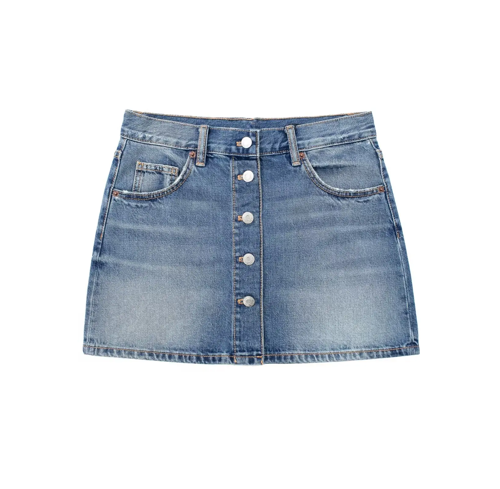 

Женская джинсовая мини-юбка с высокой талией и карманами