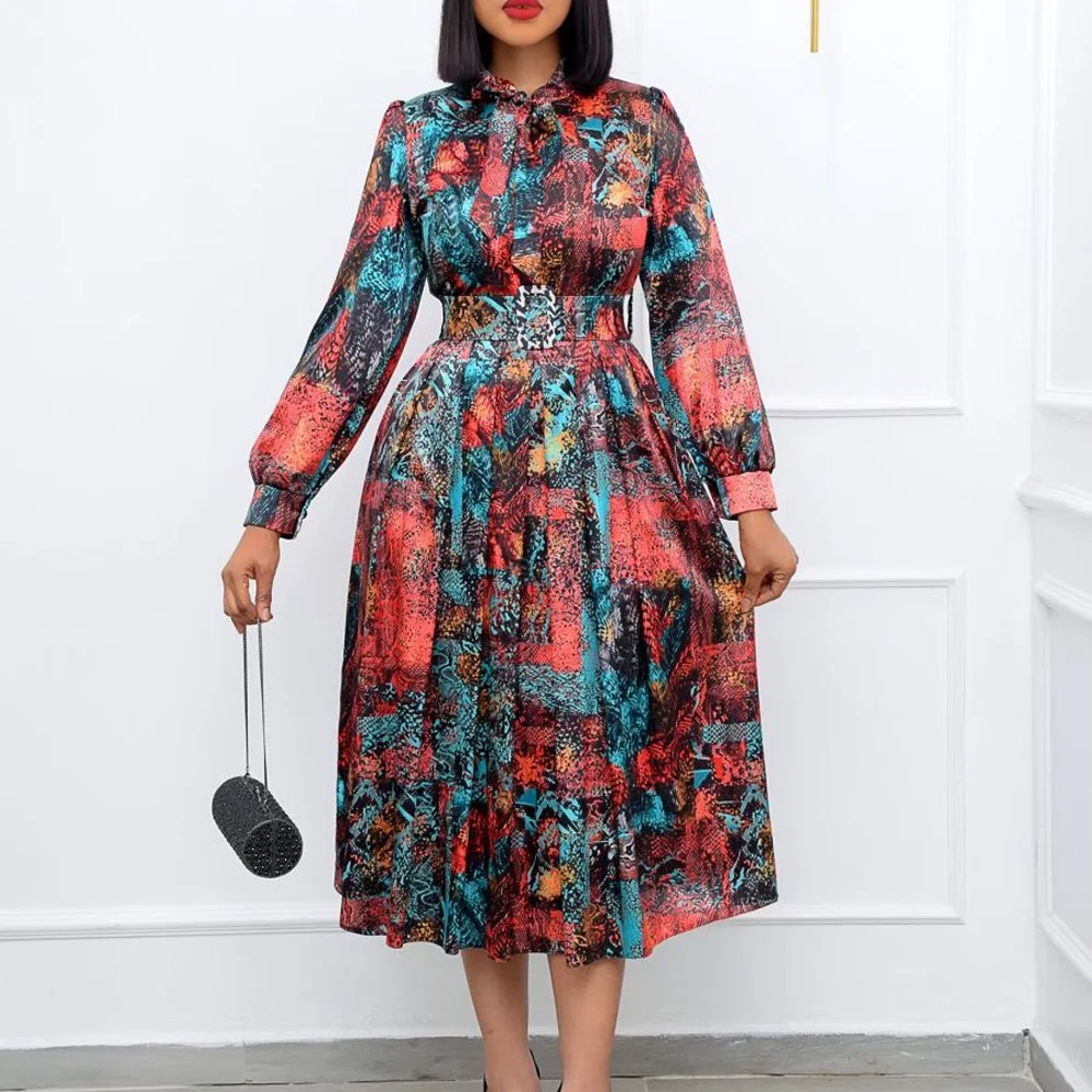 

Vintage Dresses for Women With Sleeves 2022 New Printed Bow Collar High Waisted Mid Calf Elegant Evening Night Party Dress Retro