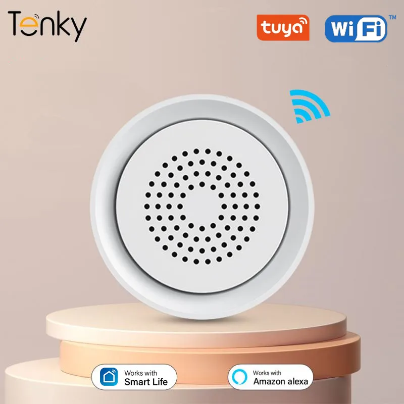 

Датчик движения человека Tenky Tuya Wi-Fi с датчиком температуры и влажности, система звуковой и светильник вой сигнализации для умного дома, работает с Alexa/Smart Life