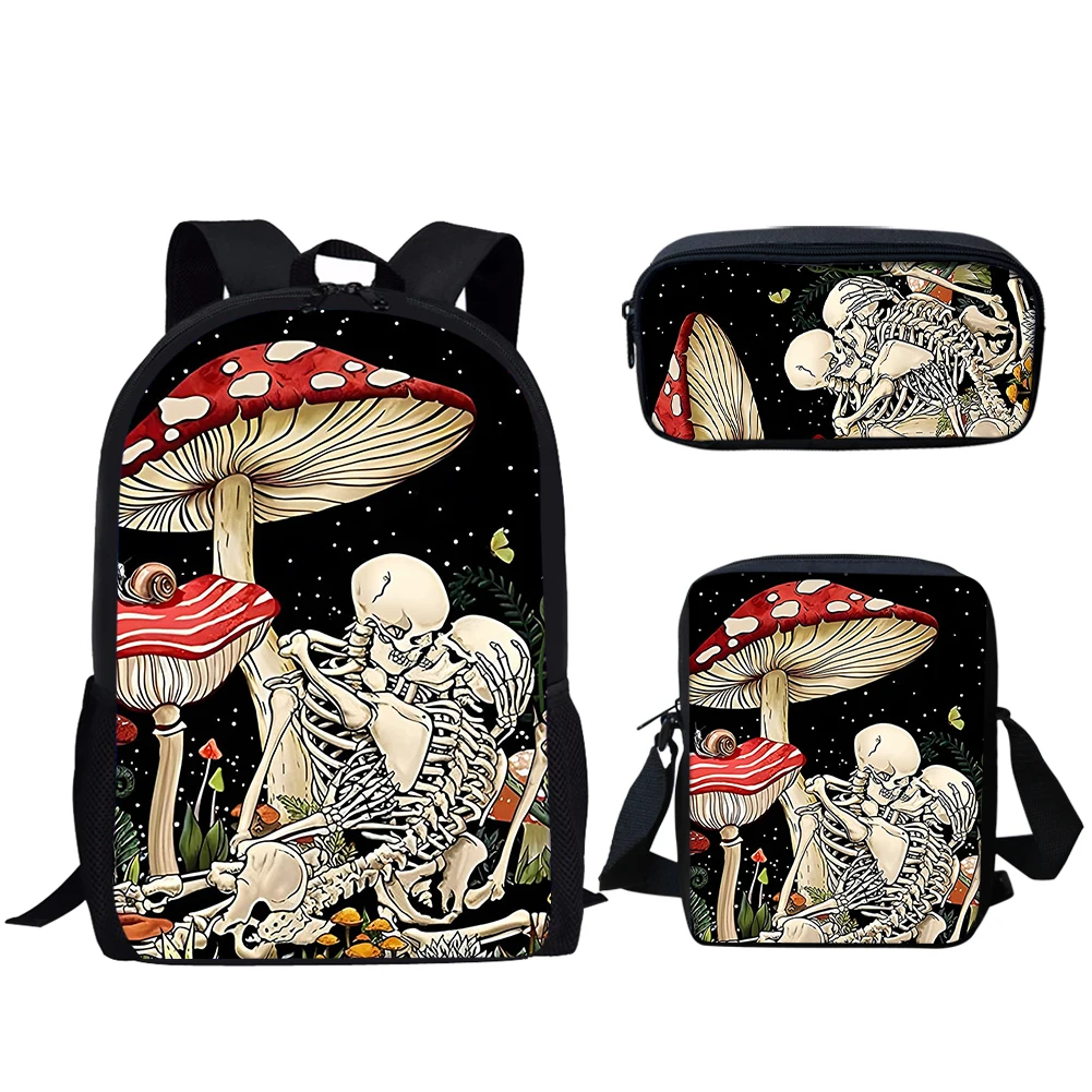 Belidome Casual School Bags Mushroom Funny Skull Print 3Set Travel Backpack for Teen Girls Lightweight Schoolbag Back to School