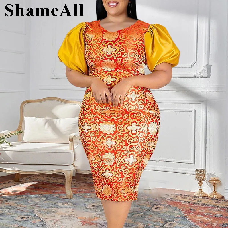 

Plus Size Half Puff Sleeve Vintage Floral Print Bodycon Dress 4XL Summer Women Party Club Outfits Evening Birthday Sheath Dress