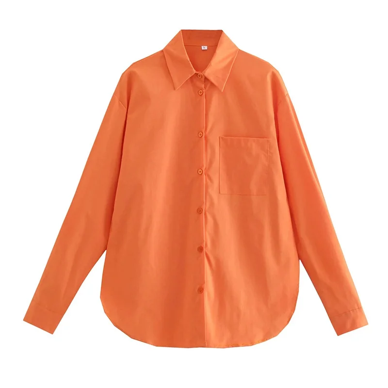 

TRAF Woman Orange Shirt 2023 Summer Commuting Style Fashion Lapel Collar Front Button Closure Pocket Long Sleeves Casual Shirt