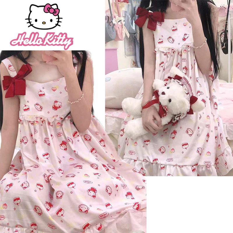 

Summer New Suspender Nightdress Hello Kitty My Melody Cinnamoroll Pajamas Dress Women Lolita Thin Short Sleeve Pajama Dress Set