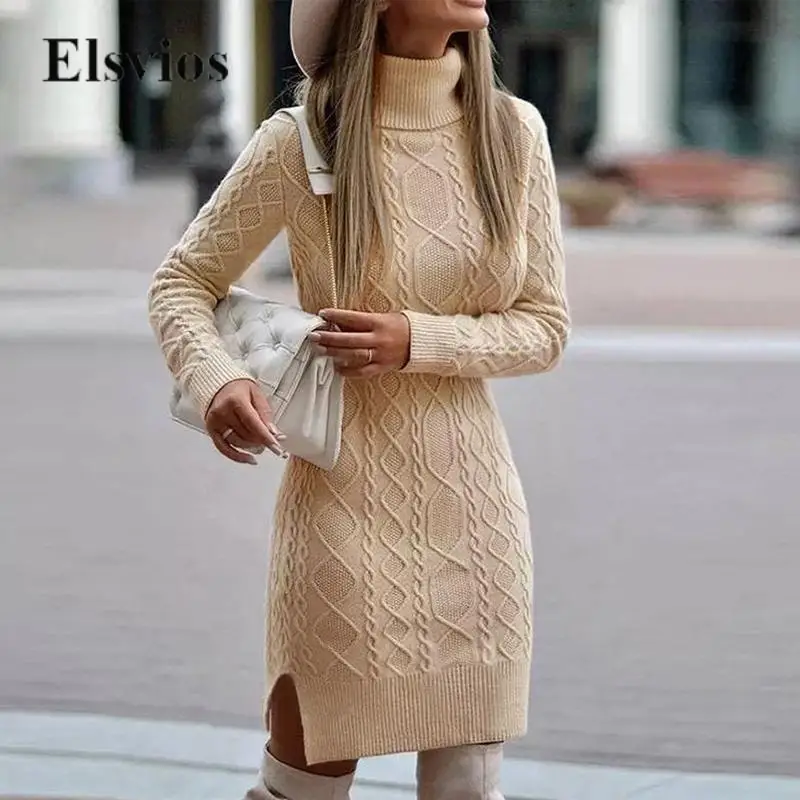

Зимнее элегантное теплое платье-свитер с высоким воротником, повседневное осеннее вязаное платье с длинным рукавом и разрезом, модное женское облегающее мини-платье-пуловер