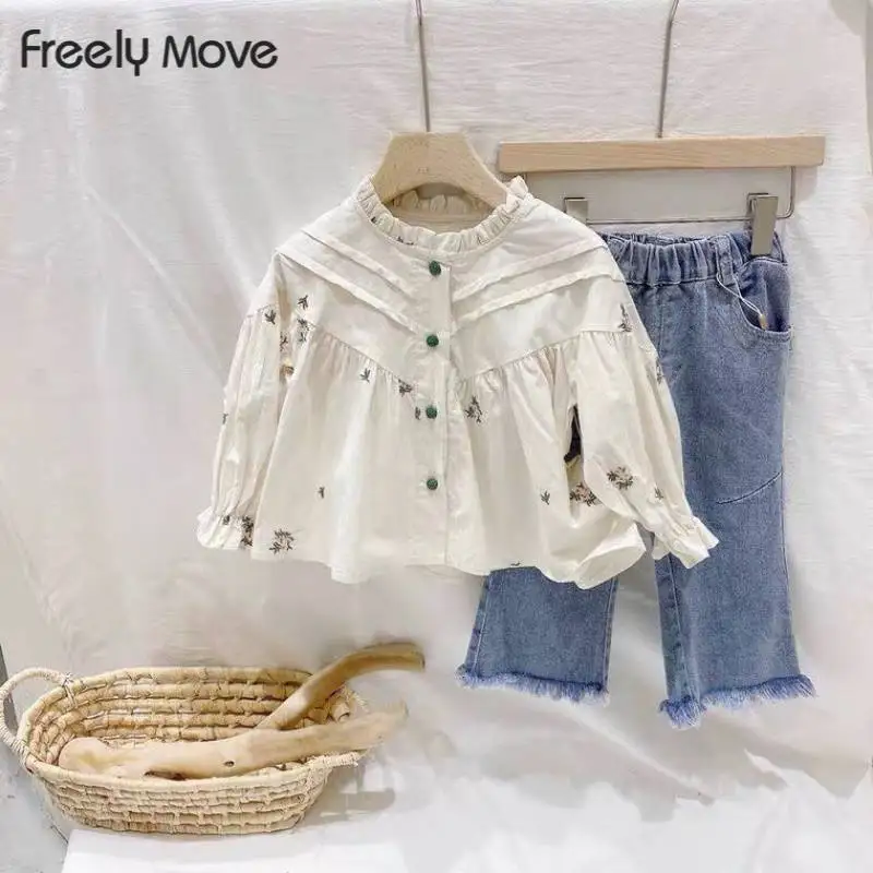 

Freely Move Girls' Cotton And Linen Shirts Spring And Autumn New Children's Korean Brief Floral Casual Bottoming Shirt Blouse