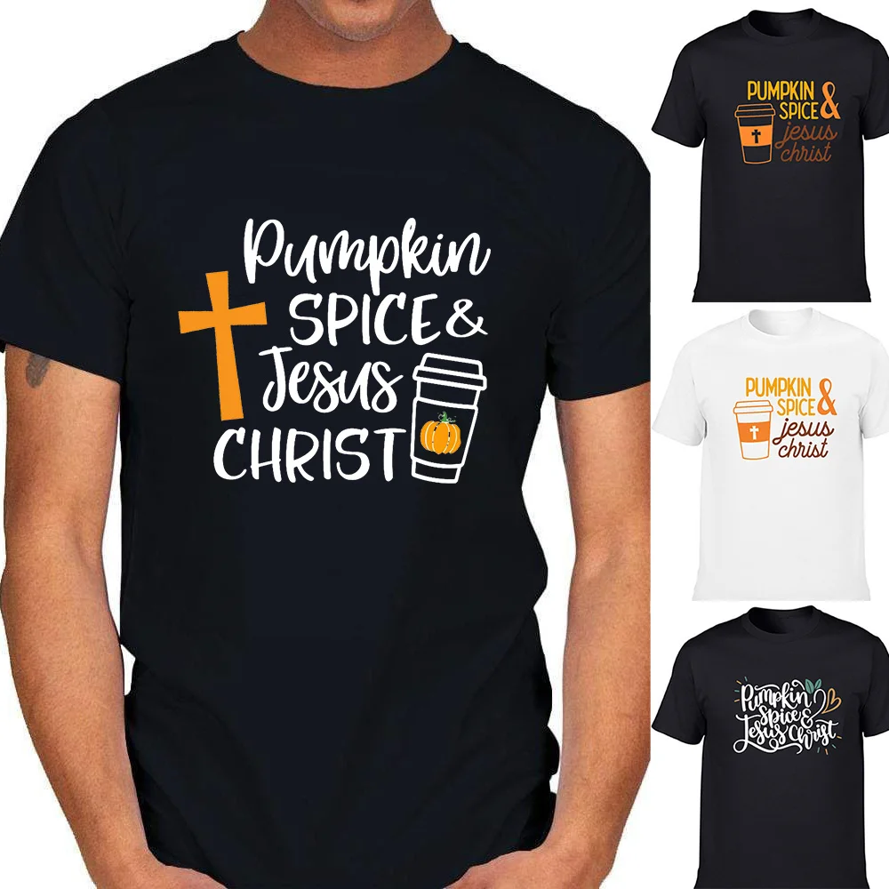 

Pumpkin Spice Jesus Christ Men's Halloween T-shirt Christian Cross Harajuku Graphic Short Sleeve Round Neck T Shirts Streetwear