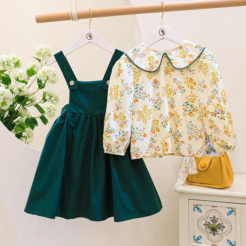 

3-8Y Kids Clothes Girls Baby Spring Summer Suit Fashion Floral Long Sleeve Shirt + Suspender Skirt Two-piece Casual Set