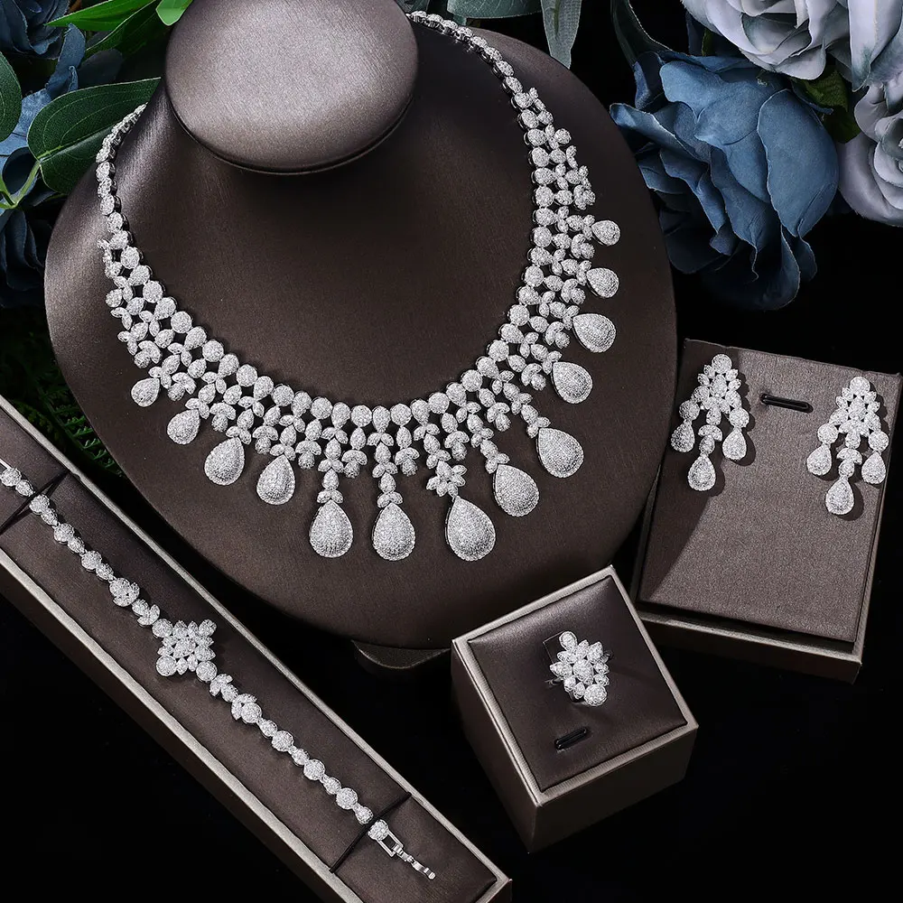 

Luxury 4Pcs Waterdrop Indian Jewelry Sets for Women Wedding Party Dubai Bridal Cubic Zirconia Earrings Necklace Accessories