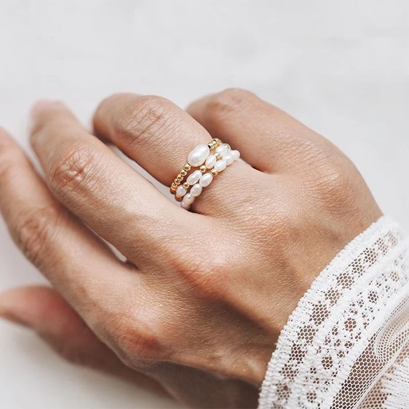 

Freshwater Pearl Rings for Women Natural Stone Elastic Adjustable Oval Beaded Ring Stainless Steel Fashion Summer Jewelry Gifts