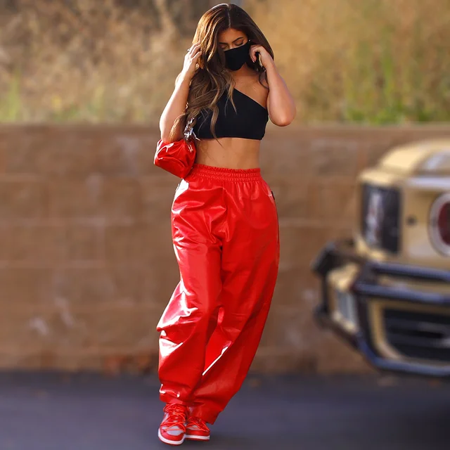 Streetwear Kylie Jenner Style Red Varnished Leather Trousers Baggy High Waist Shiny Sweatpants