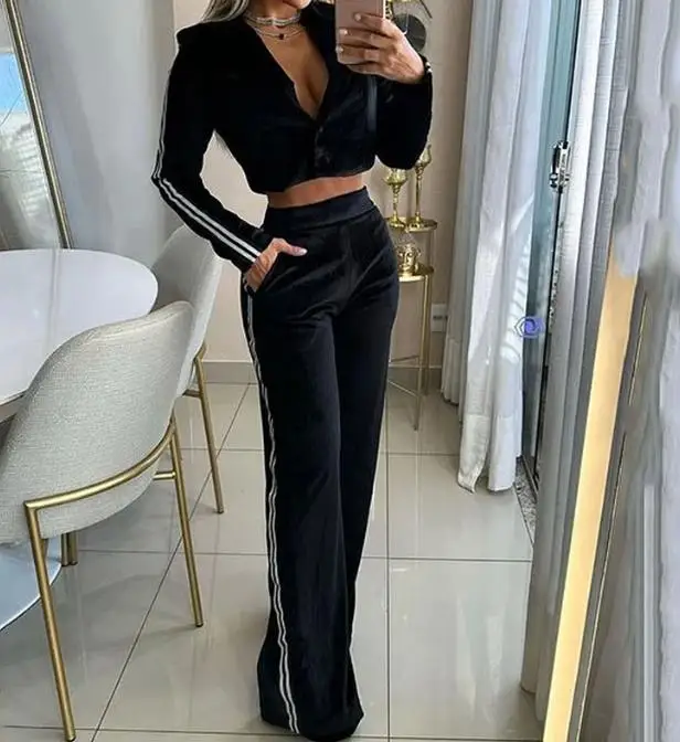 

Женский комплект из двух предметов, привлекательный облегающий комплект с глубоким V-образным вырезом, топ с открытым пупком и брюки на пуговицах, осень-весна 2023, новая модная повседневная одежда