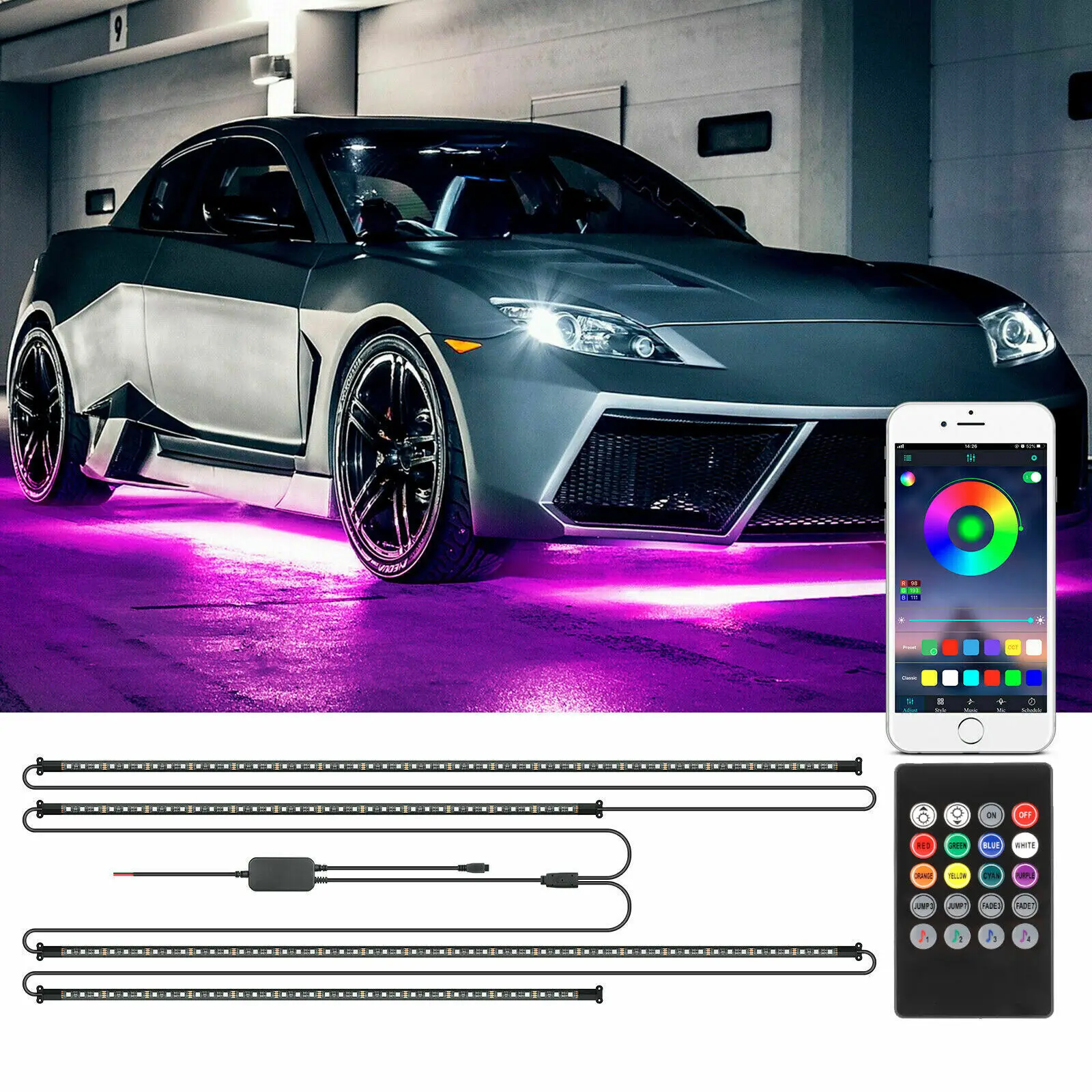 

RGB LED Vehicle Chassis Strip, Under Car Tube Underglow Underbody System Neon Light Kit