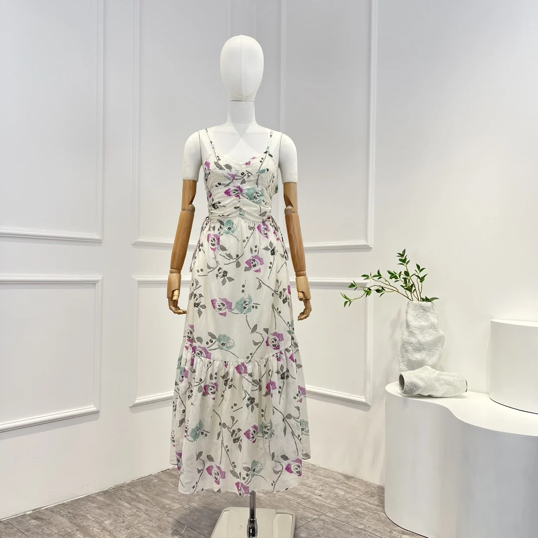 2023 New Arrival Spring Summer High Quality Sweet Floral Printing Drawstring Sleeveless Woman White Camisole Midi Dress
