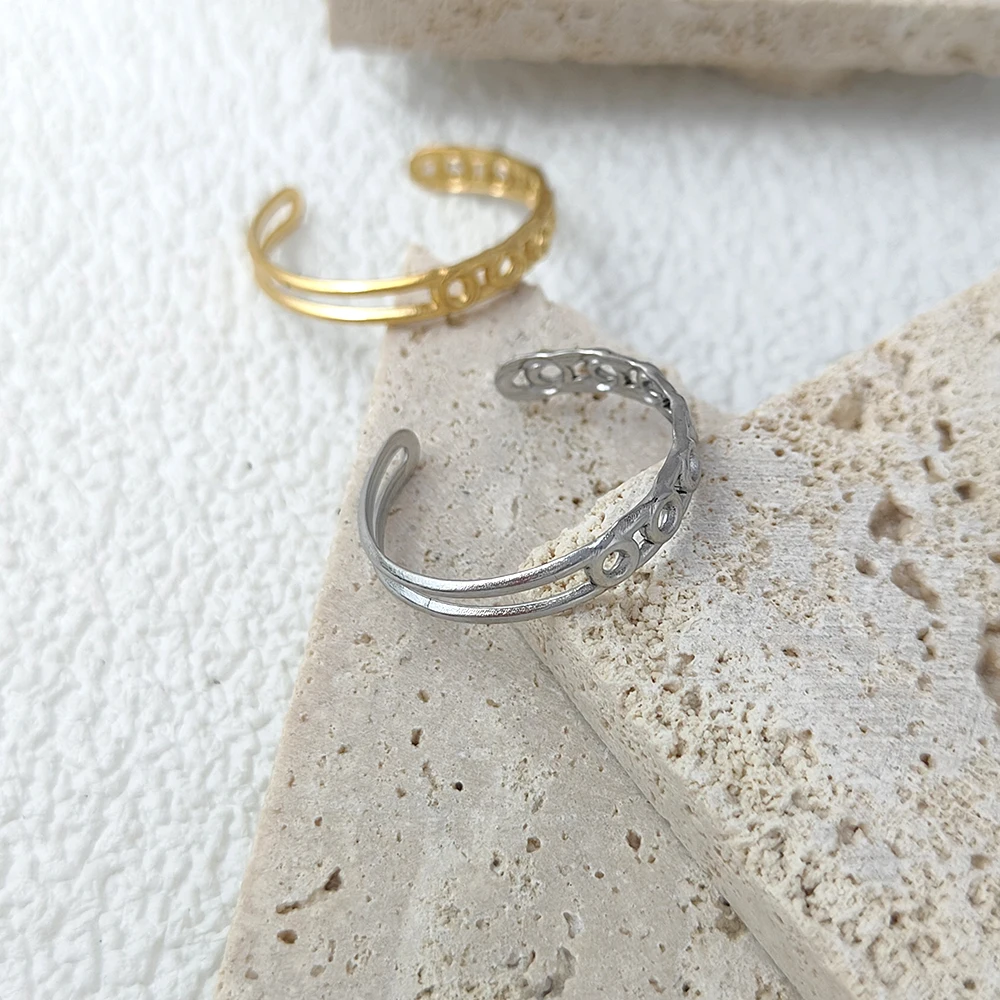 

Double Layer Hollow Rings For Women Men Gold Color Stainless Steel Open Resizable Male Female Knuckle Ring Finger Jewelry Gift