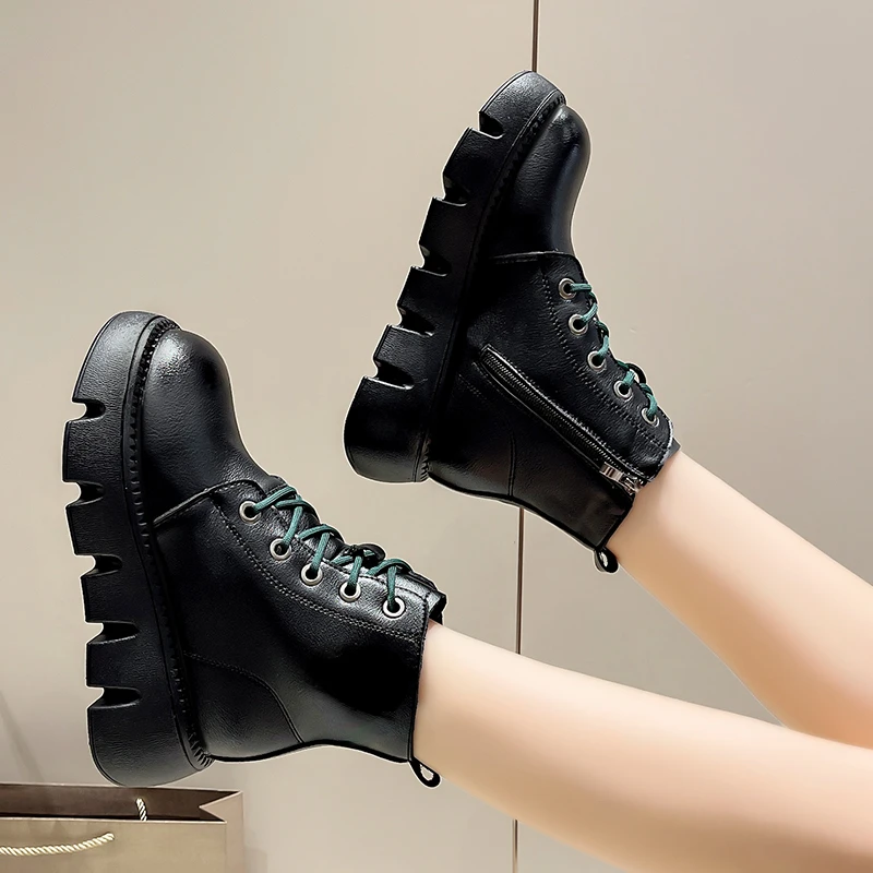 Genuine Leather Platform Ankle Boots Womens New with Zipper Rubber Foam Bottom British Style Comfortable Plus Pile Short Boots