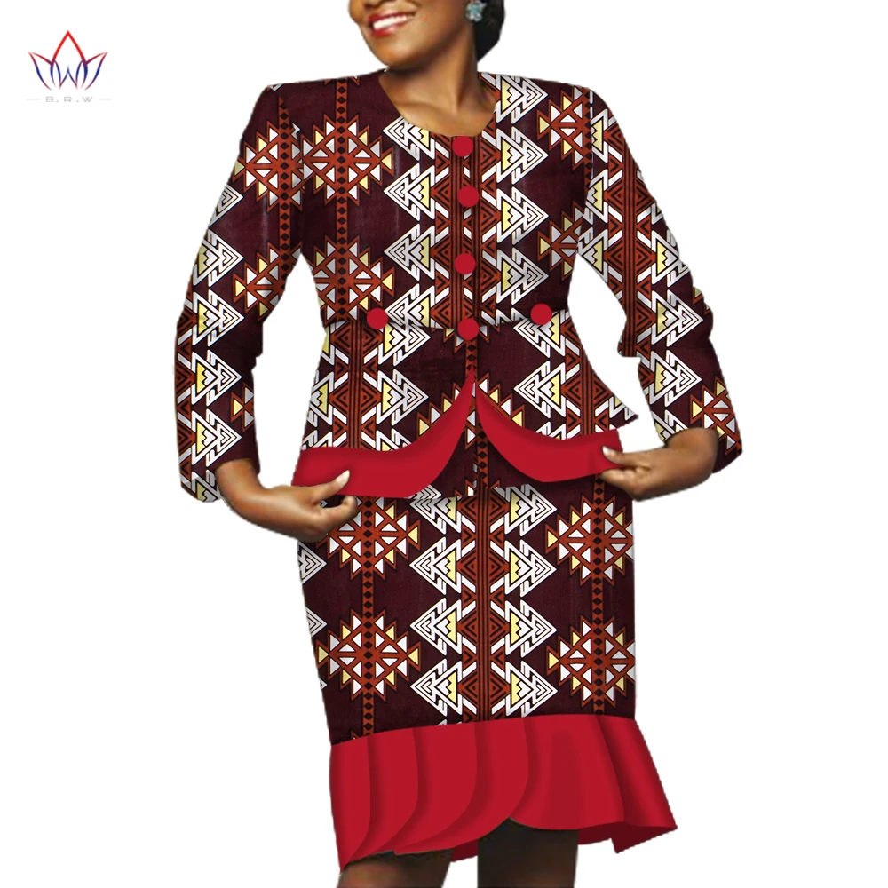 Causal Long Sleeve African Women Clothes Tops and Skirt Set Bazin Riche African Clothing 2 Pieces Customize Skirts Sets WY6533