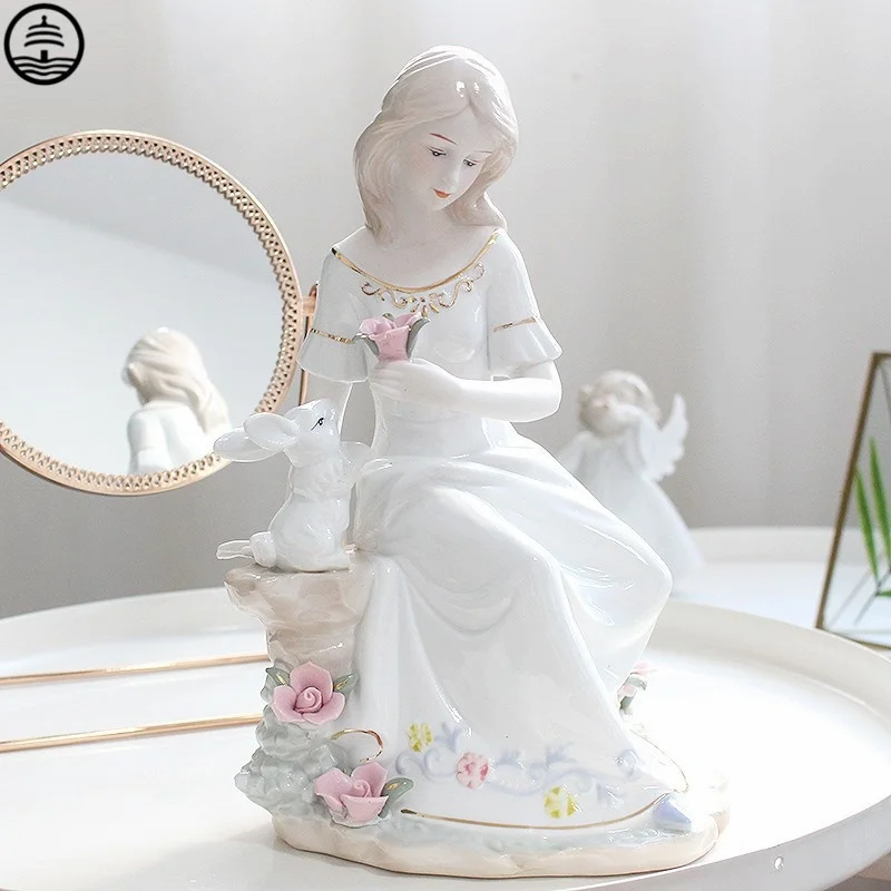 

Girl Ceramics And Rabbit Statue Nordic Rose Woman Sculpture Wedding Gift Decoration Character Figurine Art Craft Home Accessorie