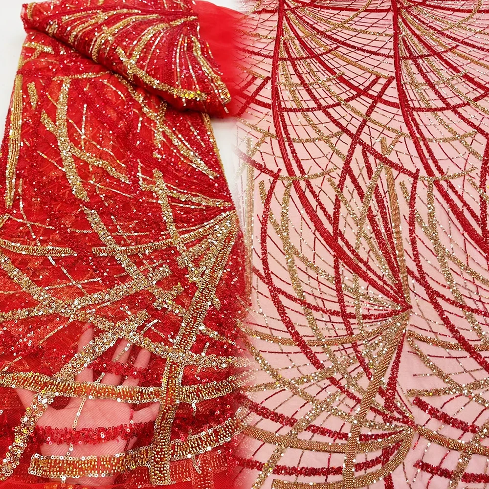 

Китайская Красная Роскошная Тяжелая Золотая кружевная ткань ручной работы с бусинами 2023 высококачественное вышитое блестками французское Свадебное кружево для платья
