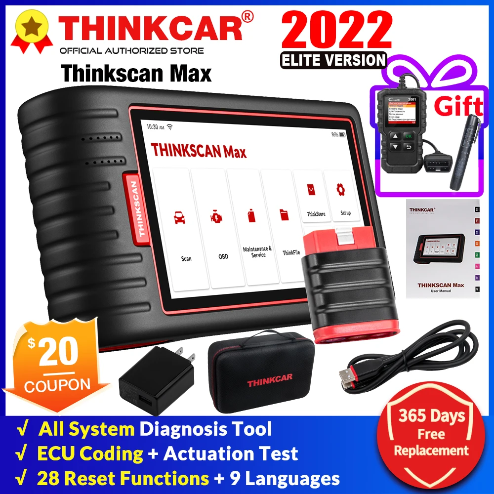 

Thinkcar Thinkscan Max auto car Diagnostic Scan Tools full System OBD2 Scanner 28 Reset TPMS IMMO ECU Coding PK ThinkTool Mini