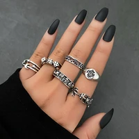 hiphop vintage rings set for women men aesthetic retro punk silver color heart flower star chain finger ring jewelry