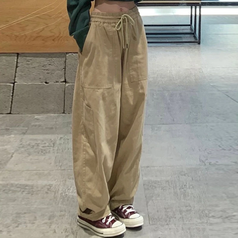 

Casual Pants Safari Style Drawstring High Waist Trousers Loose Japanese Streetwear Vintage Solid Color Hip-hop